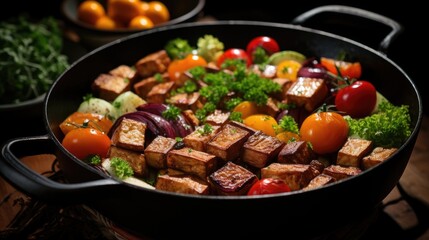 Assortment of vegetables and tempeh in a white wok  