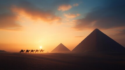 Silhouettes of camels walking towards the pyramids at sunset.