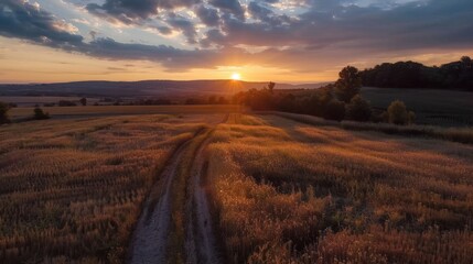 Naklejka premium A sun is setting over a field of tall grass