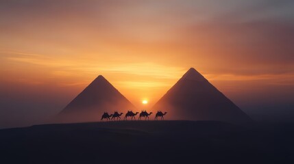 Silhouettes of camels walking in front of the Great Pyramids of Giza at sunset.
