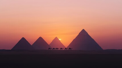 Silhouettes of the Great Pyramids of Giza against a vibrant sunset sky.