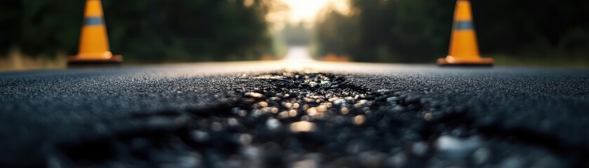 Obraz premium Close-up of a road with potholes and traffic cones.