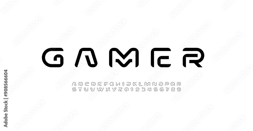Poster modern font alphabet from segment round line, minimal technology style letters, and numbers, vector 