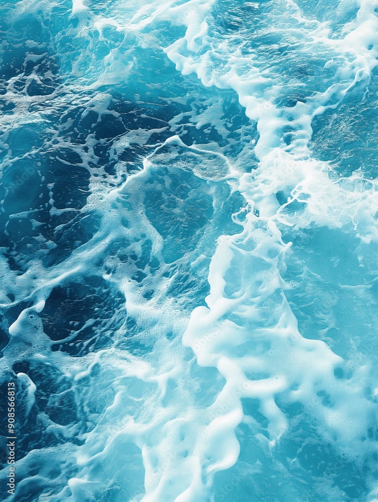 Poster turquoise ocean water texture features blue foam from waves and ripples on the surface. shimmering l