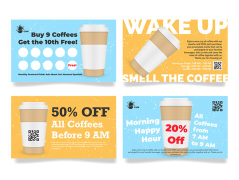 Cards offering discounts on coffee and other great deals