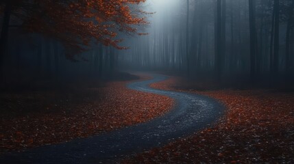 Mysterious path winding through a foggy forest, with red leaves on the ground.