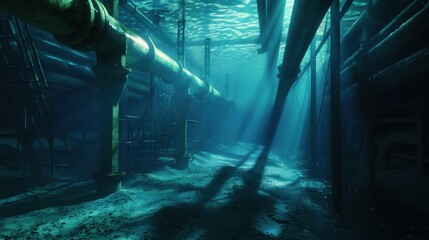 Obraz premium Mystical underwater view of industrial pipes and beams bathed in blue light, creating an eerie, serene underwater ambiance.