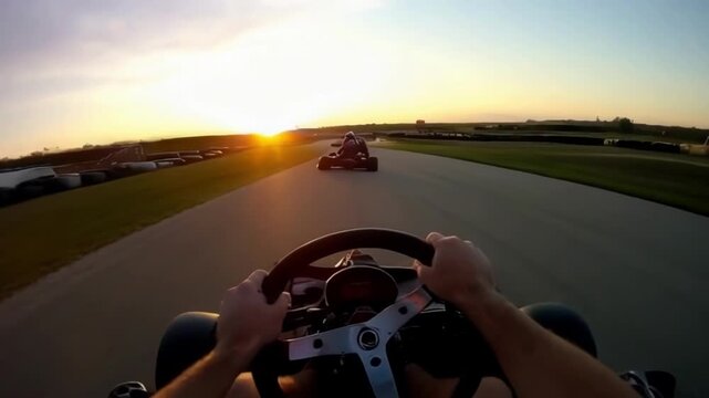 An exhilarating go kart race at sunset, highlighting speed and competitive spirit with dynamic action and cinematic angles