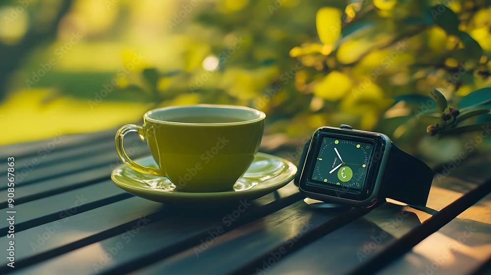 Poster image of smart watch on table with green tea and nature background