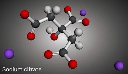 Sodium citrate or trisodium citrate molecule. Flavouring agent, food additive and anticoagulant. Molecular model. 3D rendering. Illustration
