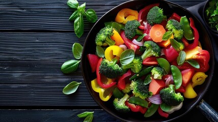 Vibrant mix of freshly chopped vegetables in a skillet, perfect for healthy eating and colorful meal preparation.
