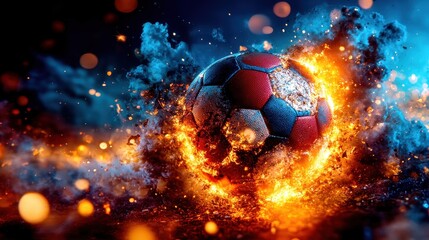An explosive soccer ball surrounded by vibrant flames and dynamic colors, capturing the thrill of the sport in a stunning visual.