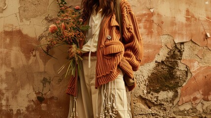 Obraz premium A woman is wearing a brown sweater and holding a bouquet of flowers