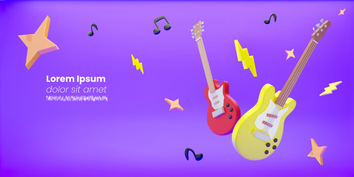 3d vector electric guitars on a purple background, lightning, stars and musical notes around. Rock, festival, music lessons banner design concept.
