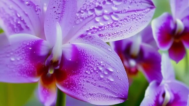 A closeup of dew drops on a purple orchid highlighting the unique pattern of its petals.