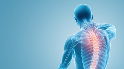 Blue 3D X-Ray Anatomy of a Man with Neck Pain or Injury - Sore Spine and Back Medical Health Problem, Tension and Inflammation Concept, Suffering from Arthritis, Copy Space Photo