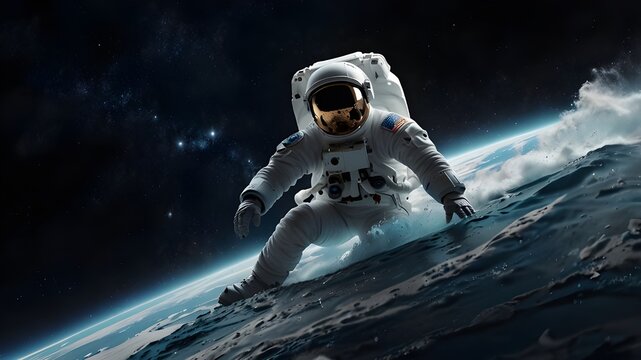 In space, an astronaut surfs an abstract wave. AI-generated, artistic, photorealistic illustration