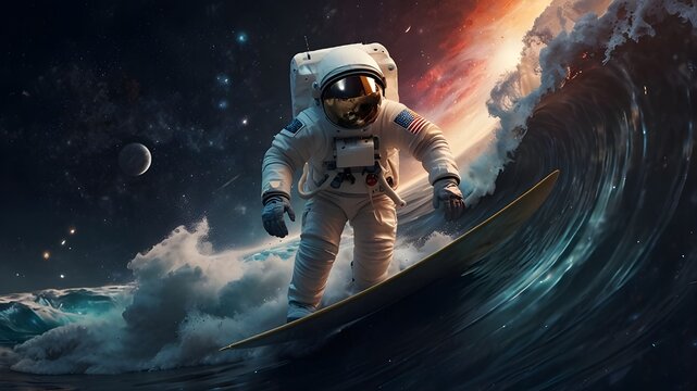 In space, an astronaut surfs an abstract wave. AI-generated, artistic, photorealistic illustration