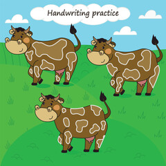 Game for preschool children. Teaching writing. Handwriting for children. Worksheet. Funny cartoon characters: cow. Vector illustration