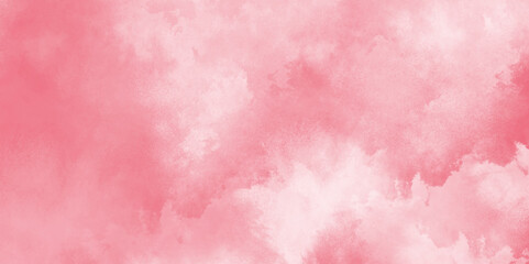 Soft smeared aquarelle painted pink texture, Abstract pink sky background and white clouds on pink canvas, Paint leaks and ombre effects hand painted cloudy pink paper texture.