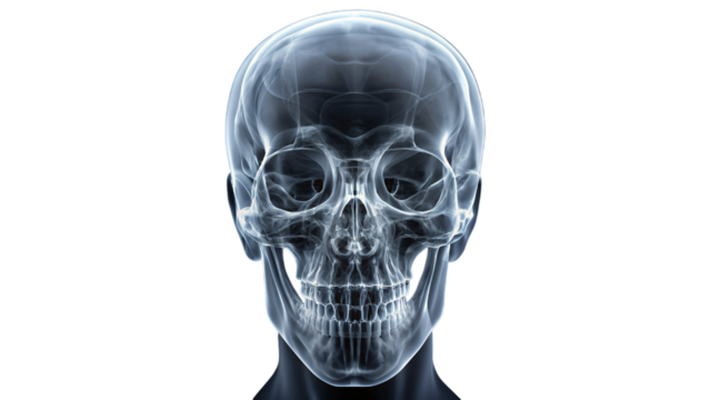 An X-ray image showing a detailed view of a human skull and head with anatomical features and medical details