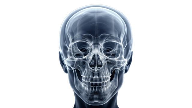 An X-ray image showing a detailed view of a human skull and head with anatomical features and medical details