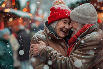 Photo of an elderly couple laughing and hugging in front of a Christmas market while it is snowing. Generative AI tools