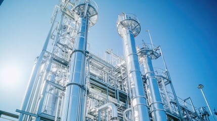 A modern industrial facility with large metallic structures against a clear blue sky, showcasing advanced technology and engineering.