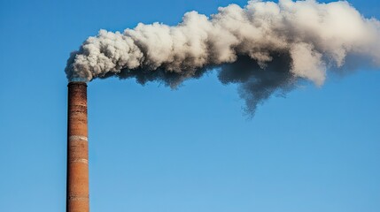 A smokestack releasing gray smoke into a clear blue sky, illustrating industrial pollution and environmental impact.