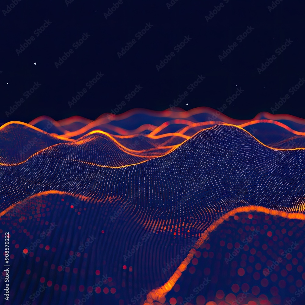 Poster abstract wave pattern in vibrant colors creating a digital landscape with depth and movement, ideal 