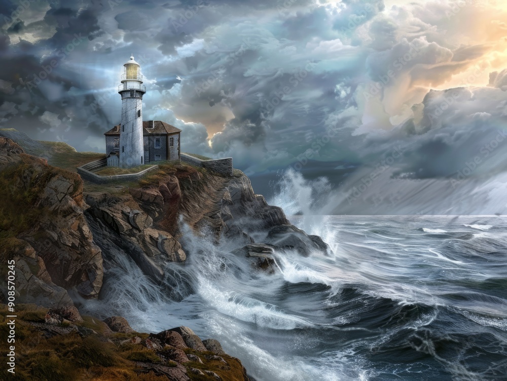 Canvas Prints A lighthouse is on a rocky cliff overlooking the ocean