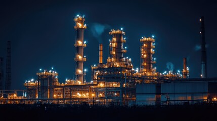 An industrial complex illuminated at night, showcasing towering structures and bright lights against a dark sky.