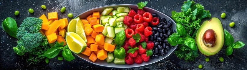 A vibrant arrangement of fresh fruits and vegetables, showcasing nature's colors and promoting healthy eating.