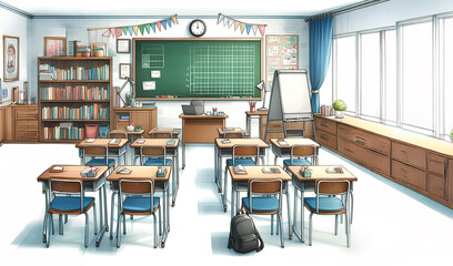 Watercolor painting of a classroom with a blackboard, bookshelves, tables and chairs for studying