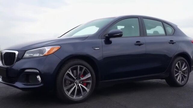A sleek blue sedan parked on asphalt, showcasing modern design and performance in a cinematic style