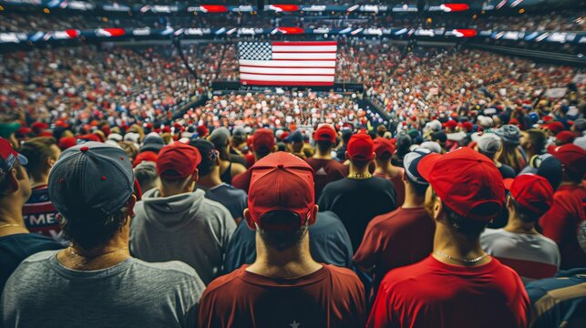 Unity and patriotism  american flag backdrop at political rally draws large crowd