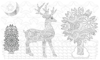A forest scene coloring page with a deer. Perfect for children's coloring books. Illustrated in black and white outline.