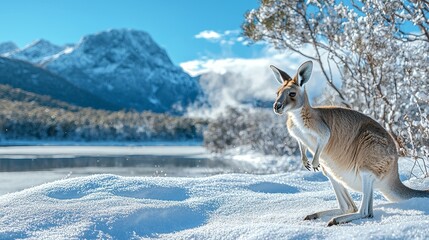 Kangaroo standing in snowy landscape with mountains in background showing Australian wildlife in a cold winter environment
