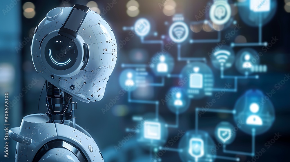 Aufkleber robot with headsets looking at a network of digital icons. this image symbolizes the future of techn