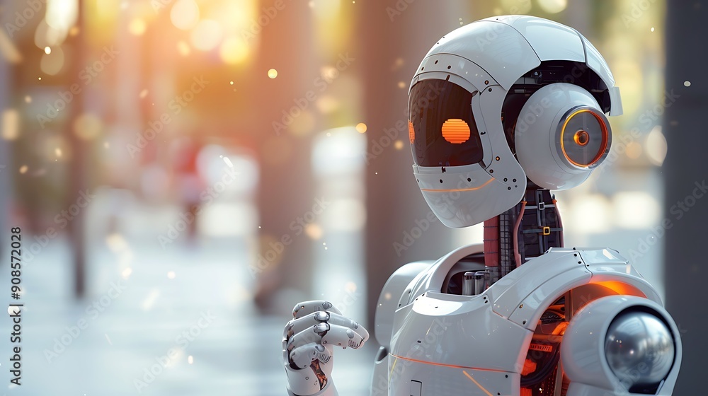 Poster futuristic robot stands in a city setting. the robot is white with orange lights and has a futuristi