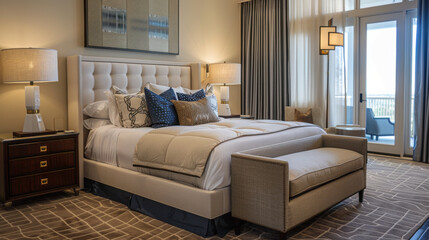 a bedroom with kind side bed and neatly arrange beddings