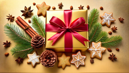 Fototapeta premium Christmas decoration composition on light gold background with beautiful Golden gift box wi_1(99)