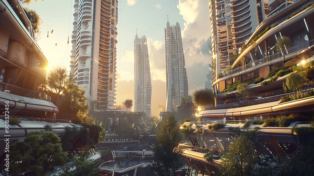 Poster a view of a futuristic cityscape with tall buildings and green spaces. the sun is setting in the bac