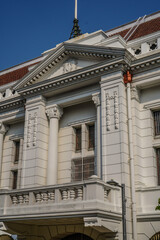 bottom view of classic old building with empty sky space for advertising.