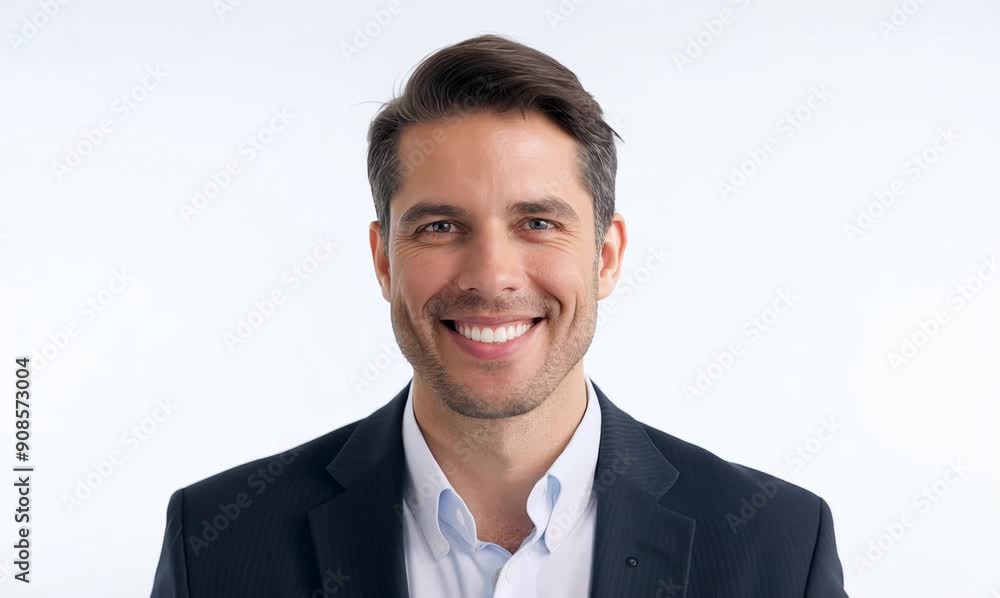 Poster Portrait of a handsome young businessman smiling at the camera on a white background