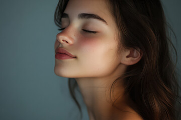 A close up of a girl's face with her eyes closed