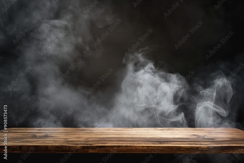Poster empty wooden table on dark background with smoke floating up. brown wood grain texture with subtle i