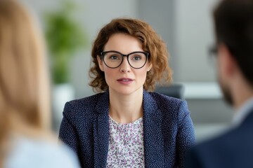 Divorce mediation session, mediator facilitating conversation between spouses, neutral setting