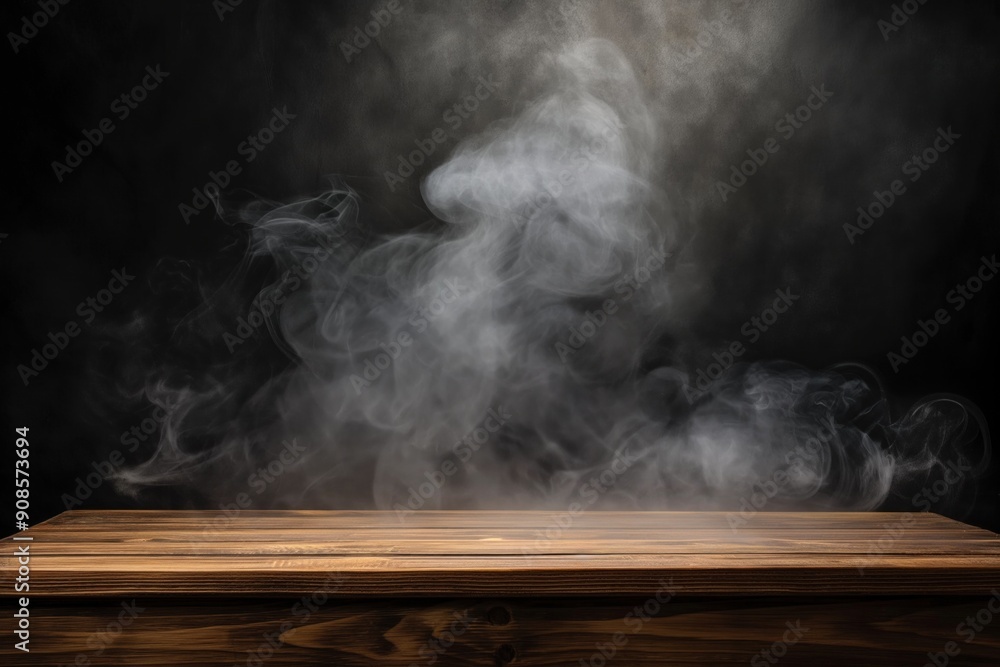 Poster wooden table sits empty on a dark background with smoke rising from the surface. the wooden plank ha