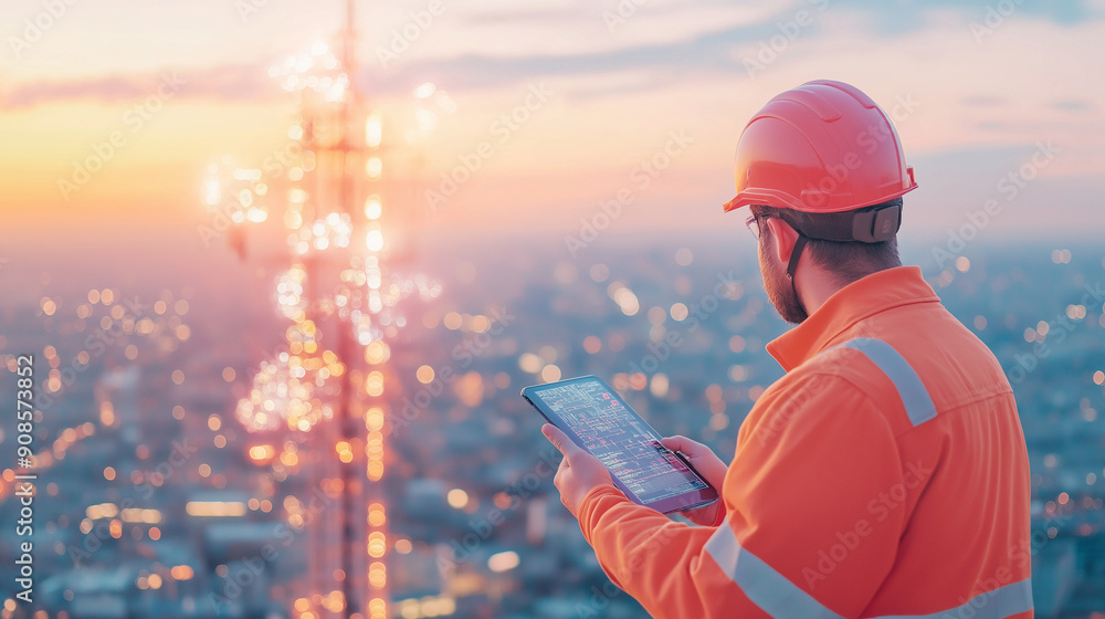 Poster photograph of helmeted male engineer works in the field with a telecommunication tower that controls